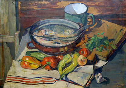 Vibrant impressionistic oil painting Fish soup I. Braz with fish, peppers, herbs