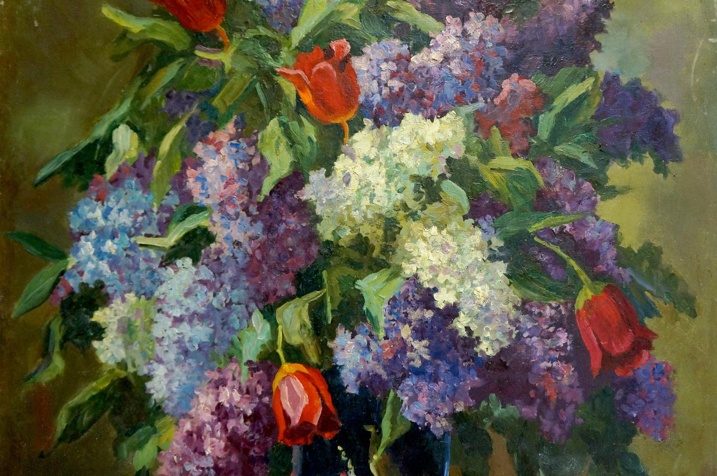 Oil painting of lilacs and tulips in dark vase by Kerzhner Alexander Haskelevich