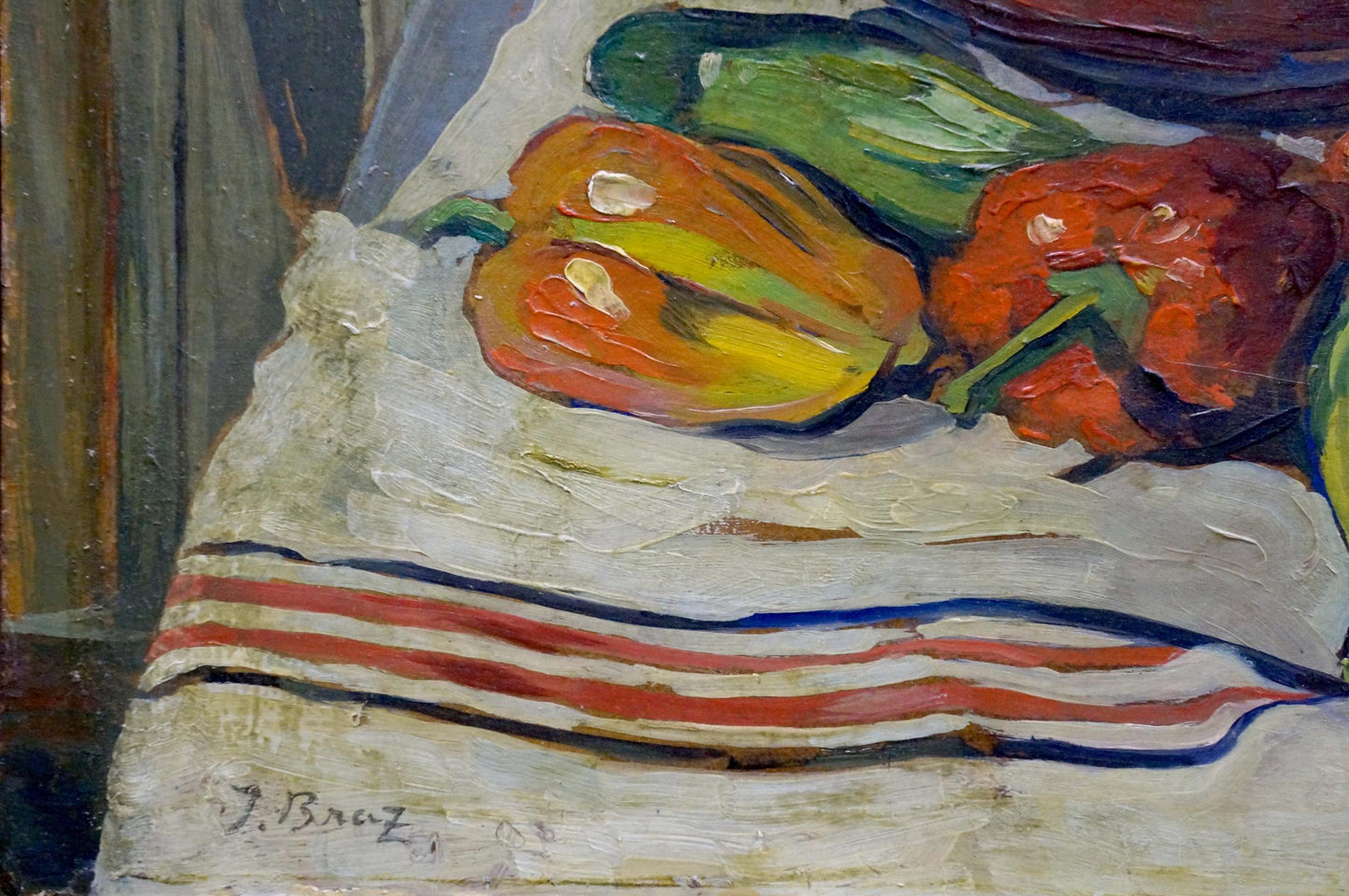 Oil painting Fish soup I. Braz: vibrant orange red peppers on striped cloth