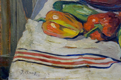 Oil painting Fish soup I. Braz: vibrant orange red peppers on striped cloth