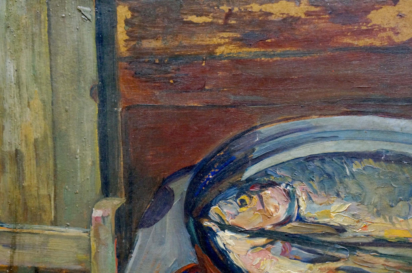 Oil painting Fish soup I. Braz: silver blue fish in white bowl on wood