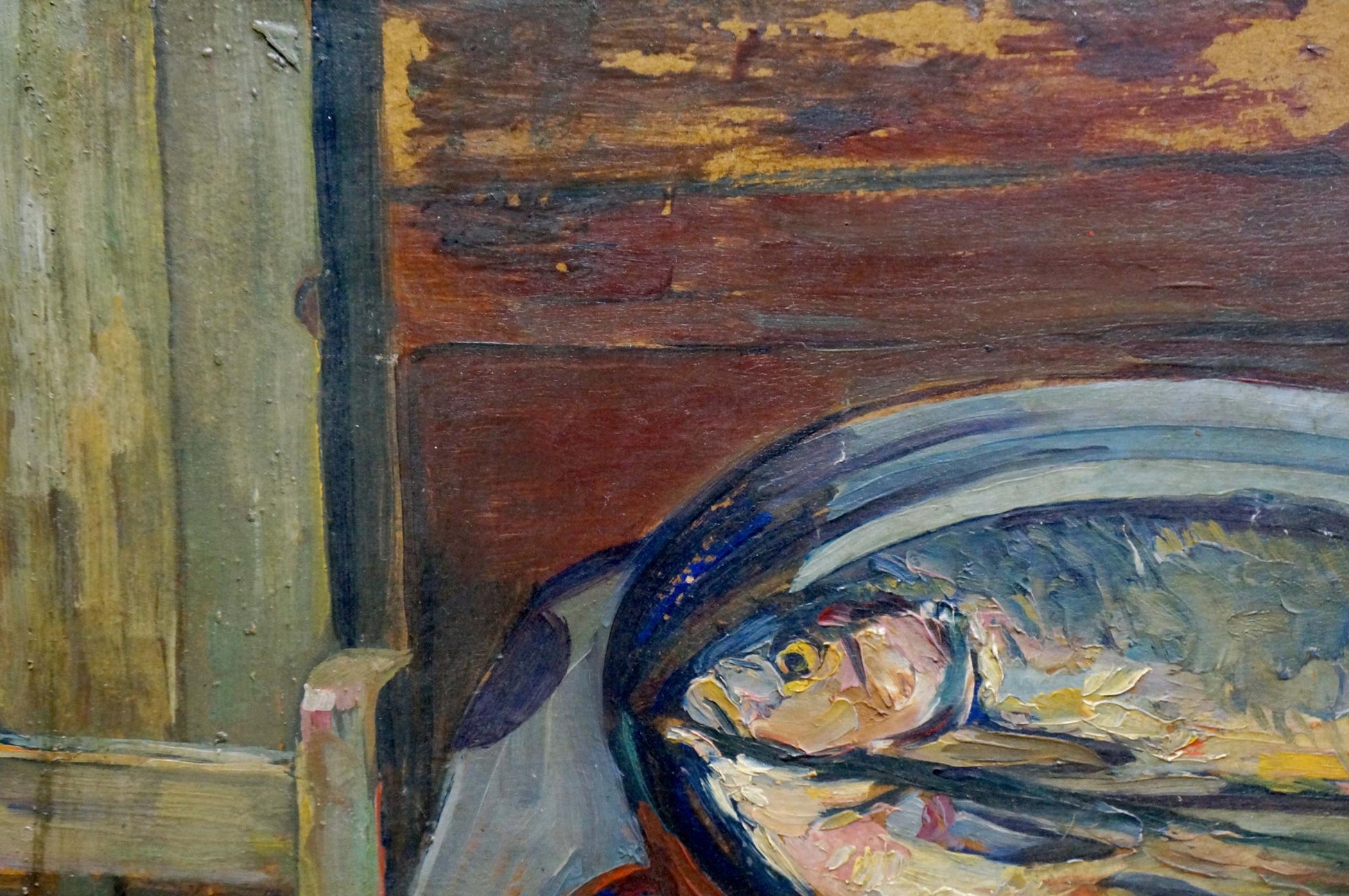 Oil painting Fish soup I. Braz: silver blue fish in white bowl on wood