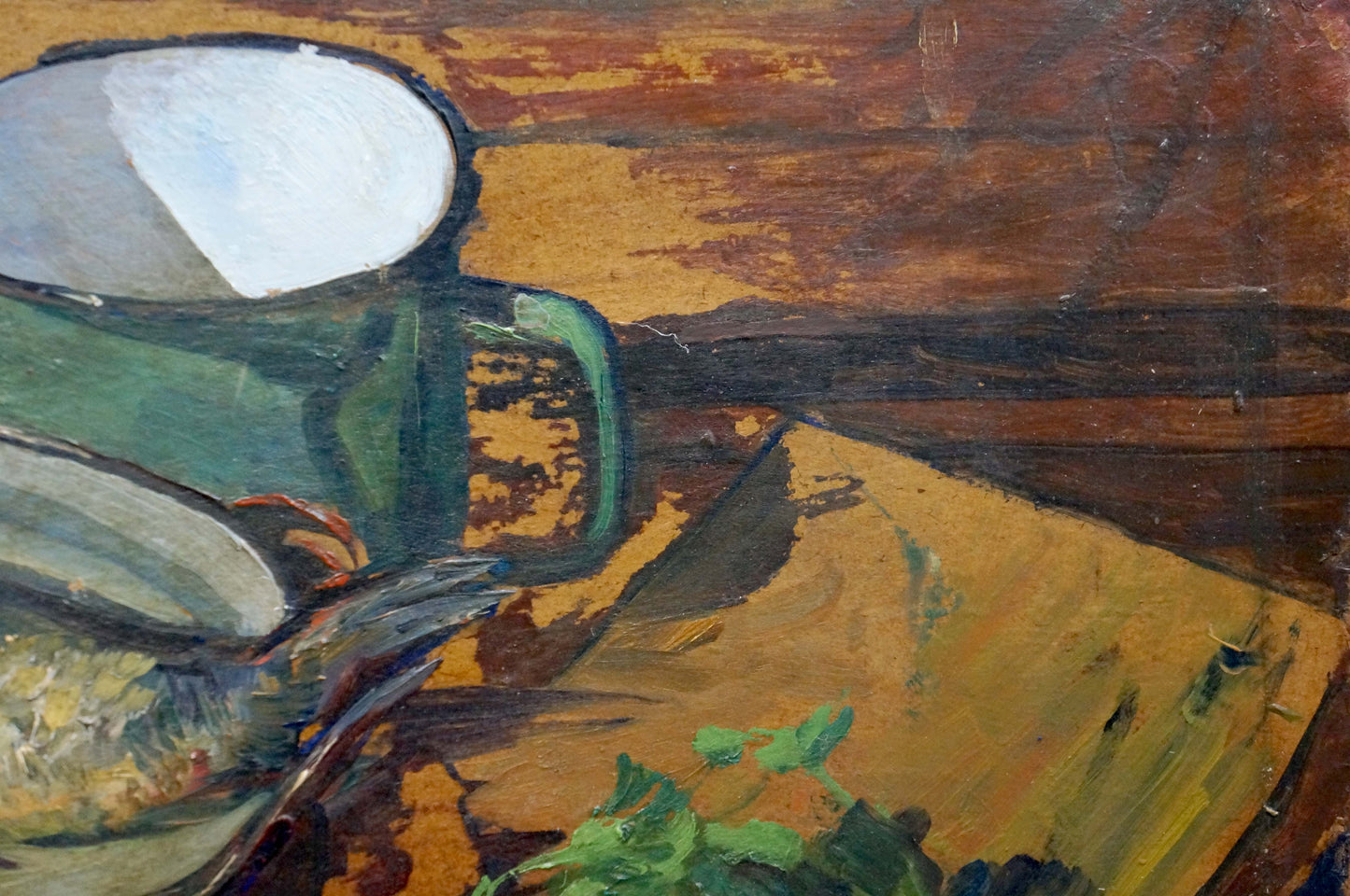 Green enamel mug on rustic wood, Oil painting Fish soup I. Braz product