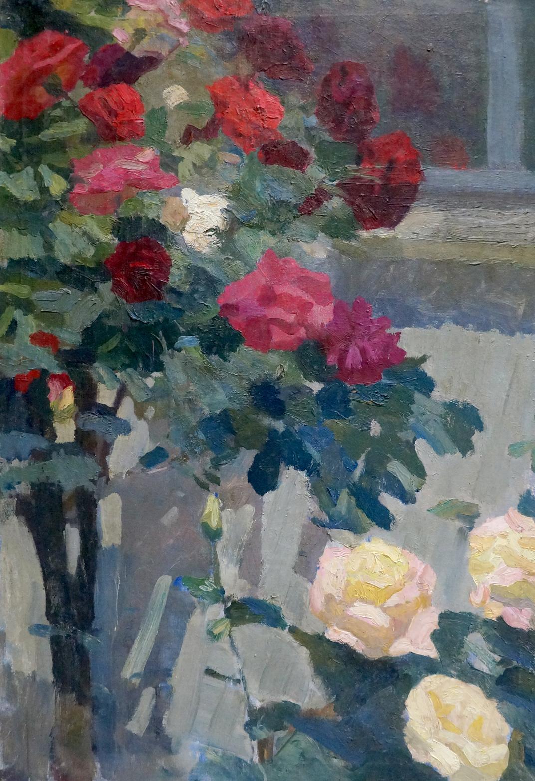 Vibrant oil painting of red, pink, yellow roses by Pokulity Konstantin Ivanovich
