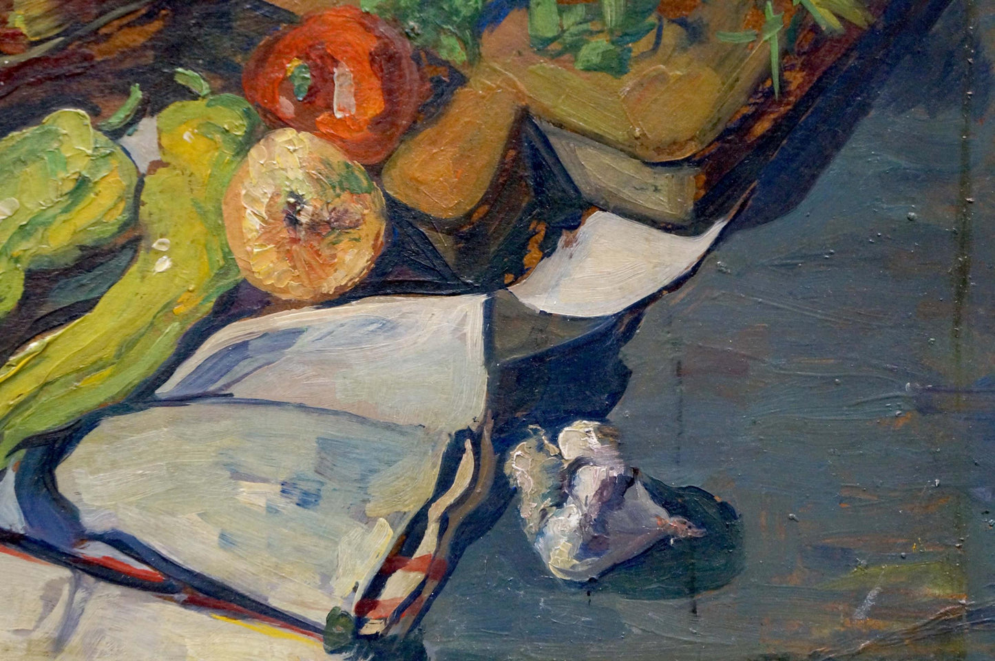Oil painting of vibrant still life vegetables by I. Braz on dark surface
