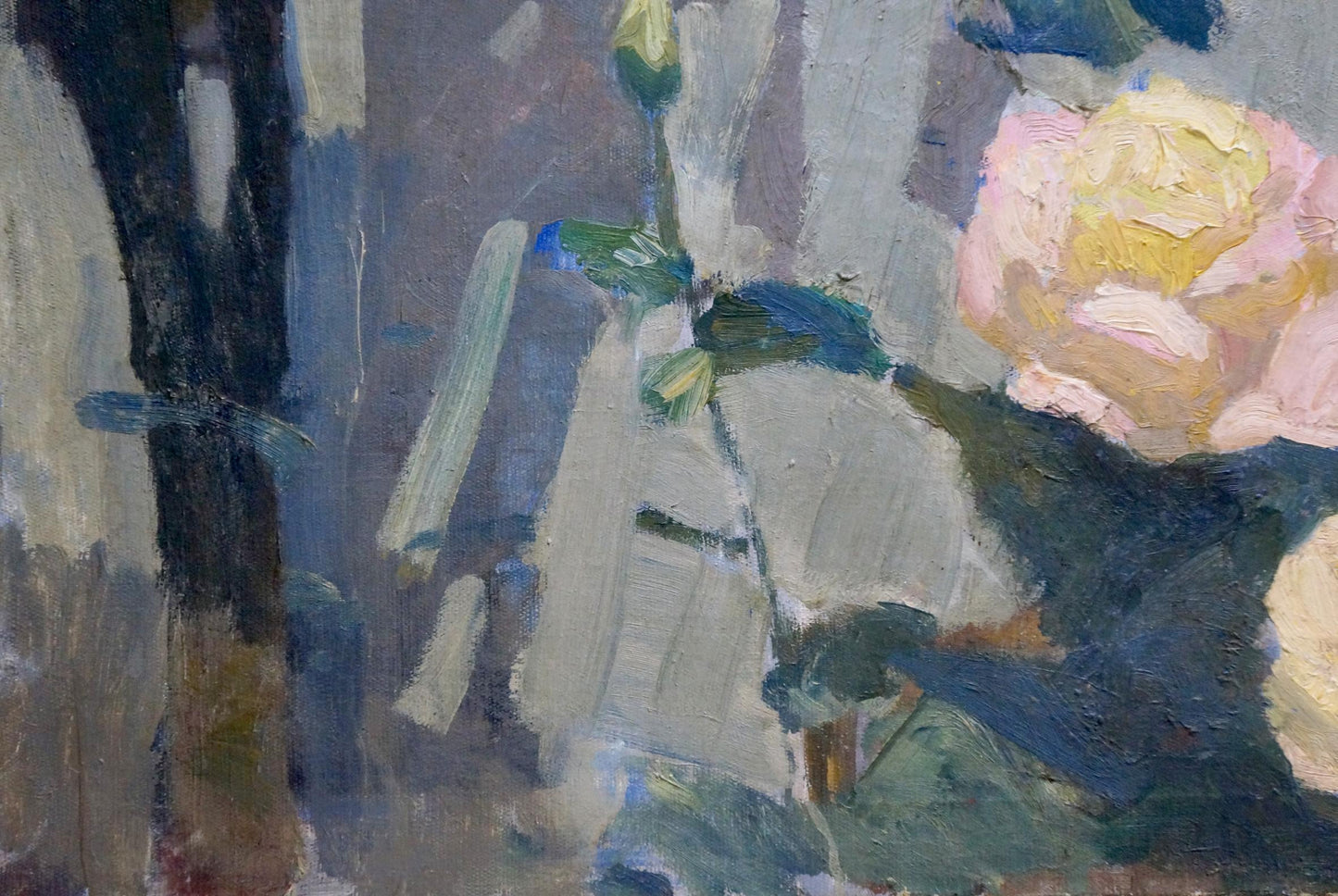 Impressionistic oil painting of red and white roses by Pokulity Konstantin Ivanovich