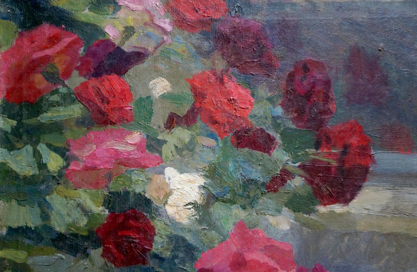 Vibrant red and pink roses oil painting by Pokulity Konstantin Ivanovich