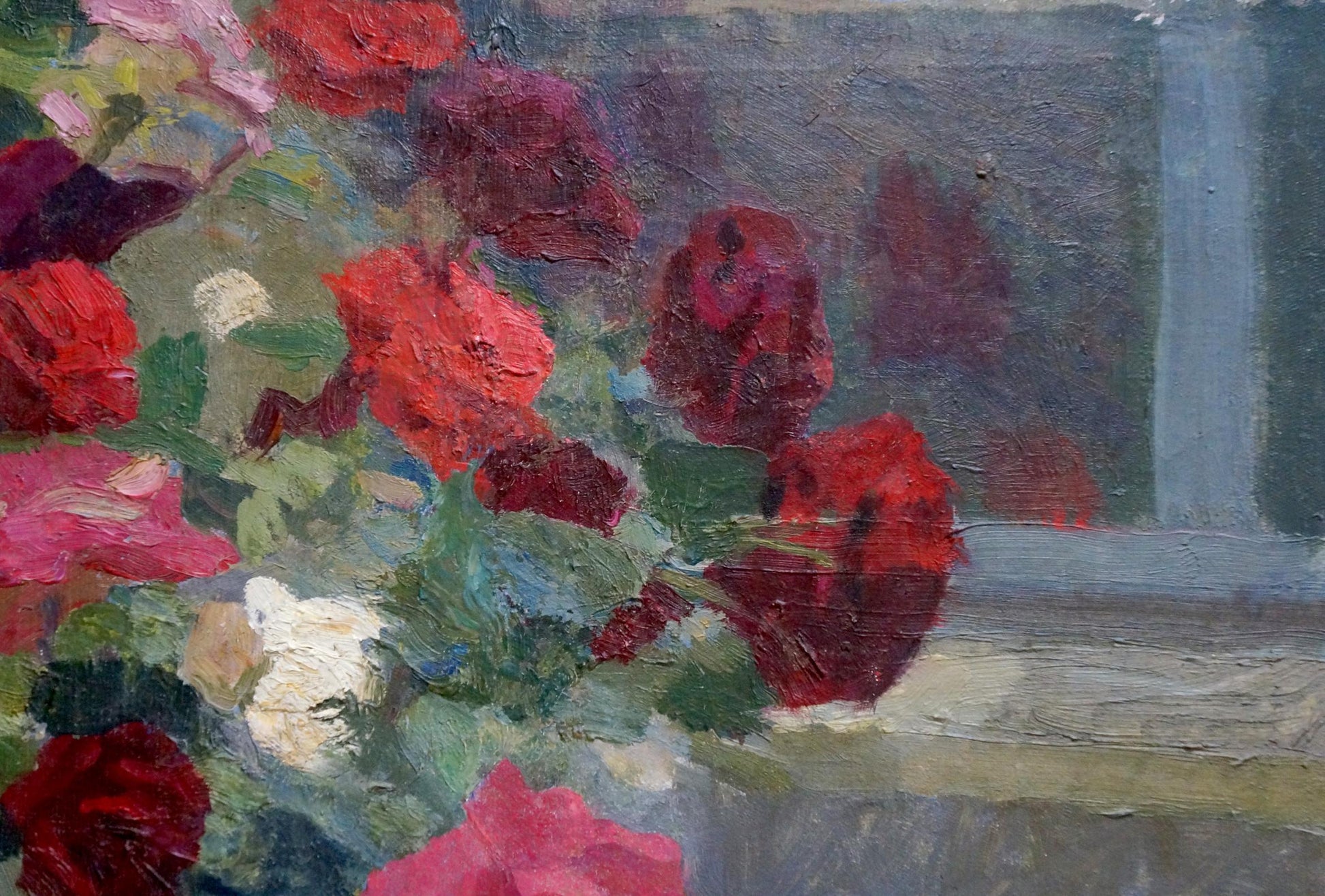 Impressionistic oil painting of vibrant red and pink roses by Pokulity Konstantin Ivanovich