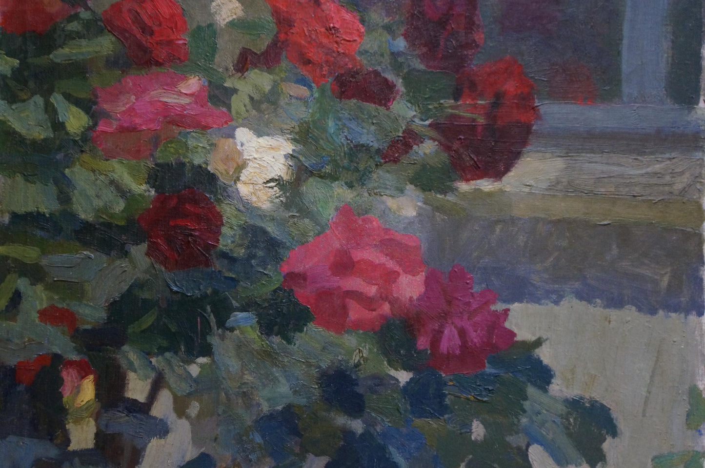 Vibrant oil painting of red and white roses by Pokulity Konstantin Ivanovich
