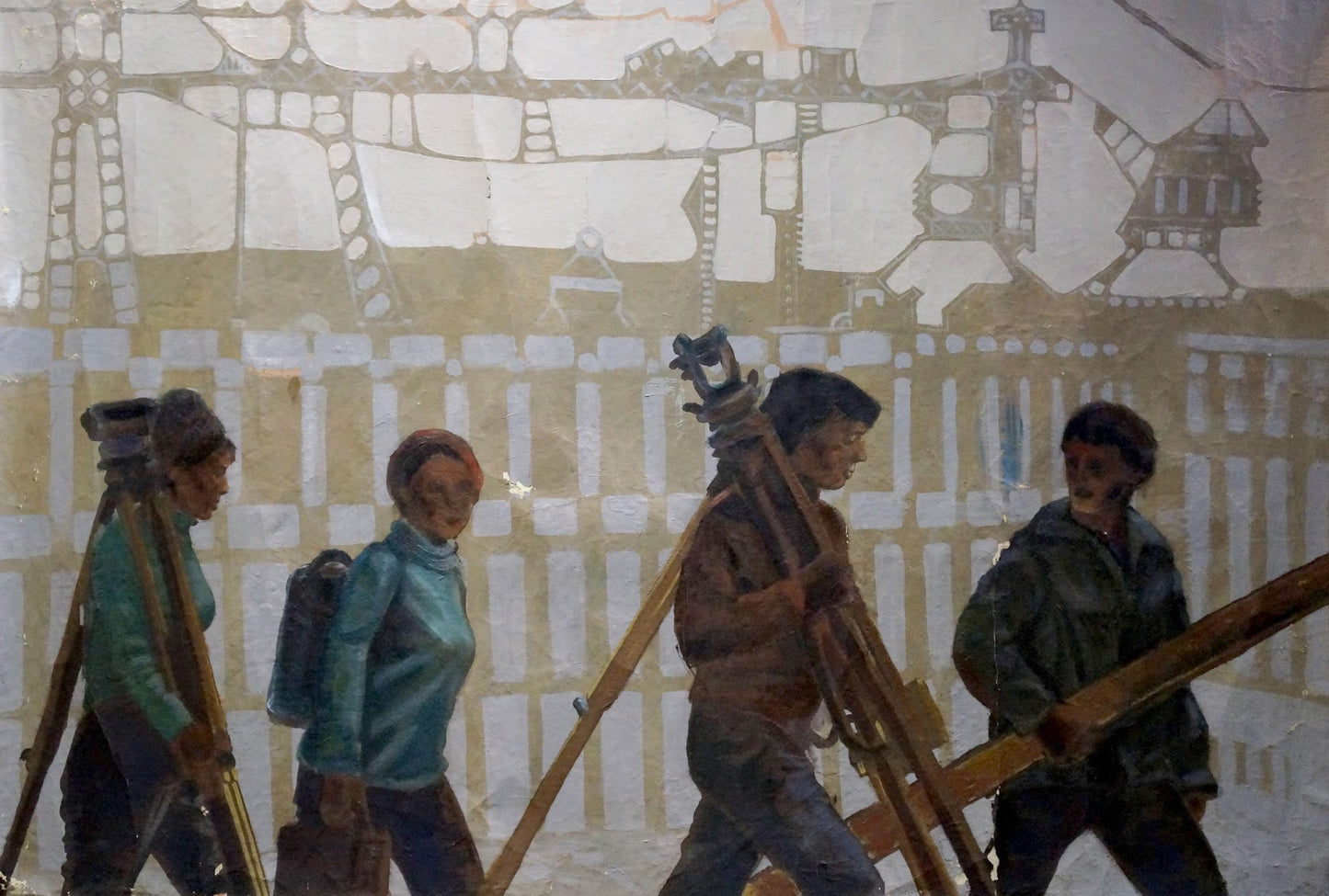 Oil painting At the construction site by Titarenko Maria Anatolyevna: four workers with surveying gear