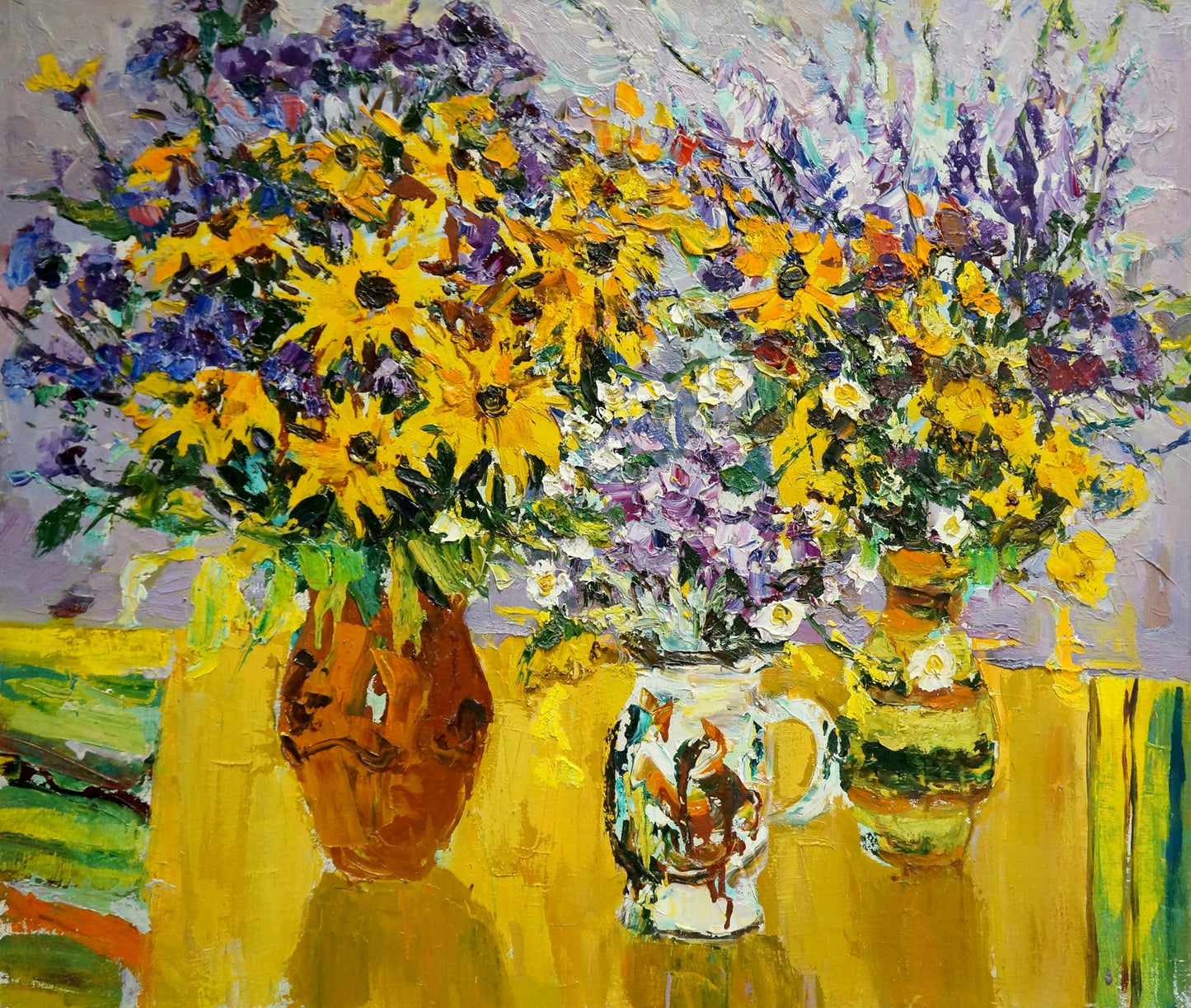 Oil painting of vibrant yellow purple sunflowers by Mandrikova Donchik Nadezhda Alekseevna in rustic brown ceramic vase