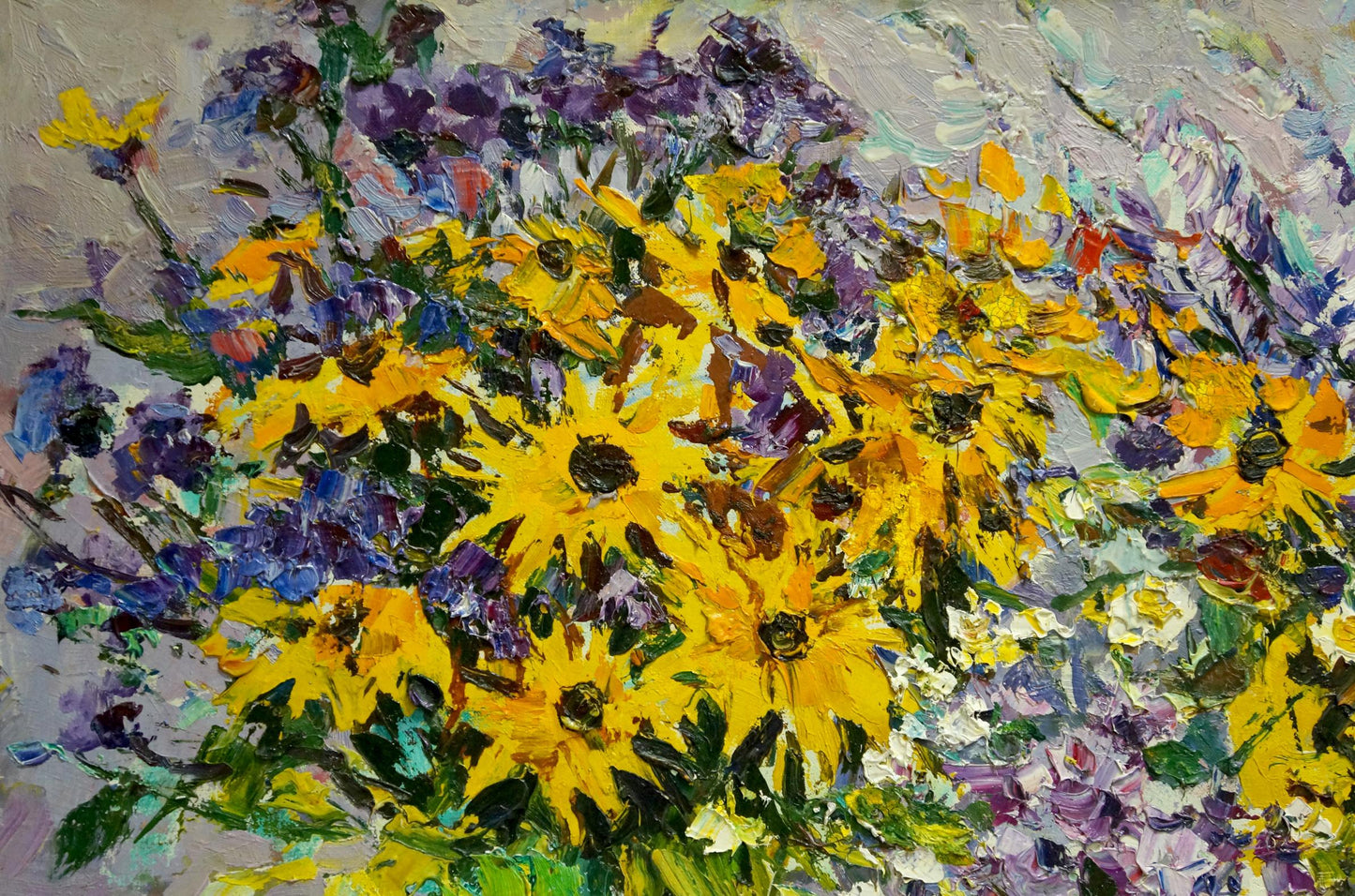 Vibrant yellow sunflowers, purple daisies and lilacs oil painting by Mandrikova - Donchik Nadezhda Alekseevna