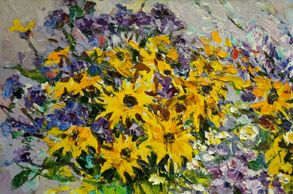 Vibrant yellow sunflowers, purple daisies and lilacs oil painting by Mandrikova - Donchik Nadezhda Alekseevna