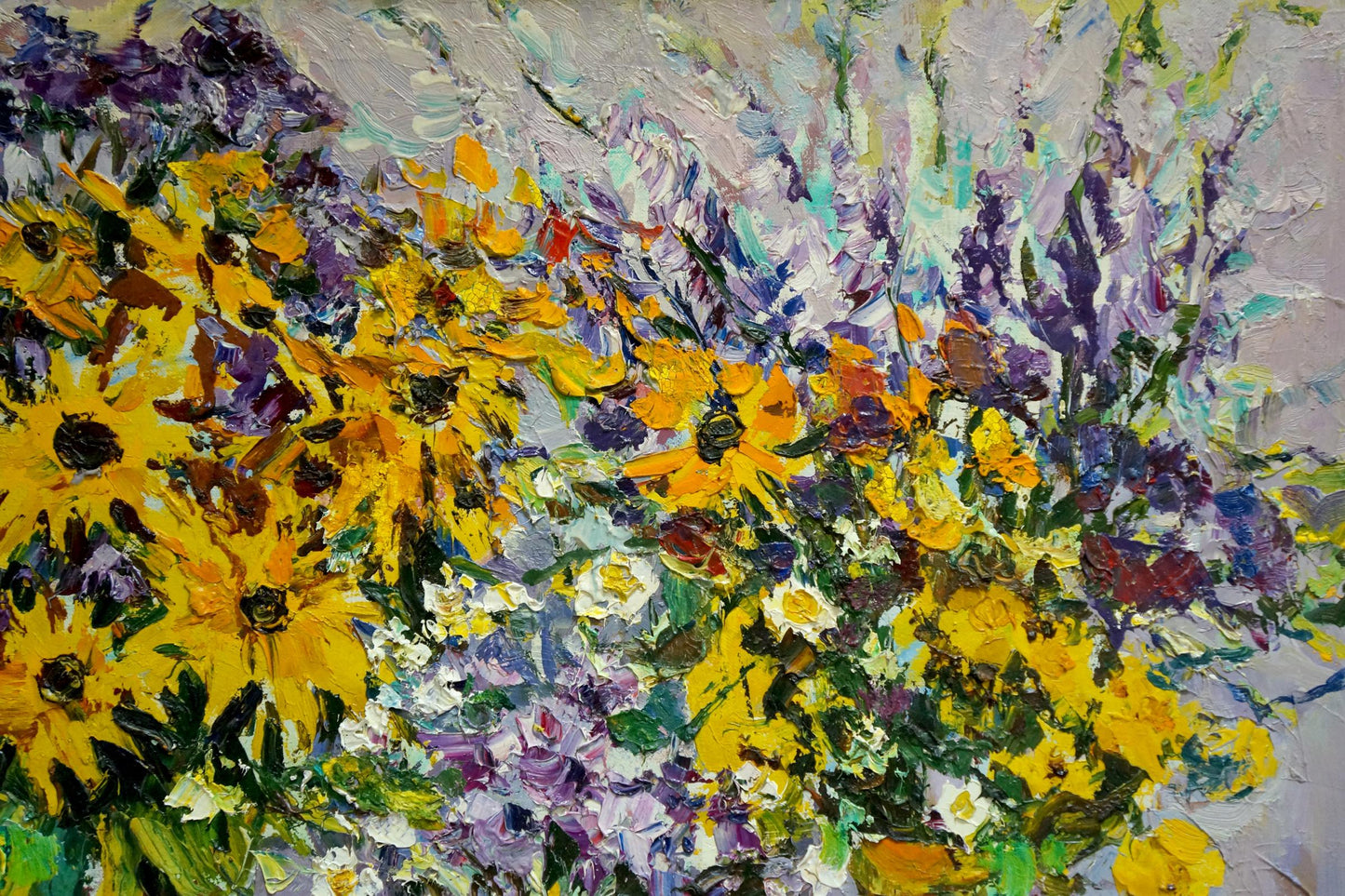 Vibrant impressionist oil painting of sunflowers, daisies and lilacs by Mandrikova - Donchik Nadezhda Alekseevna
