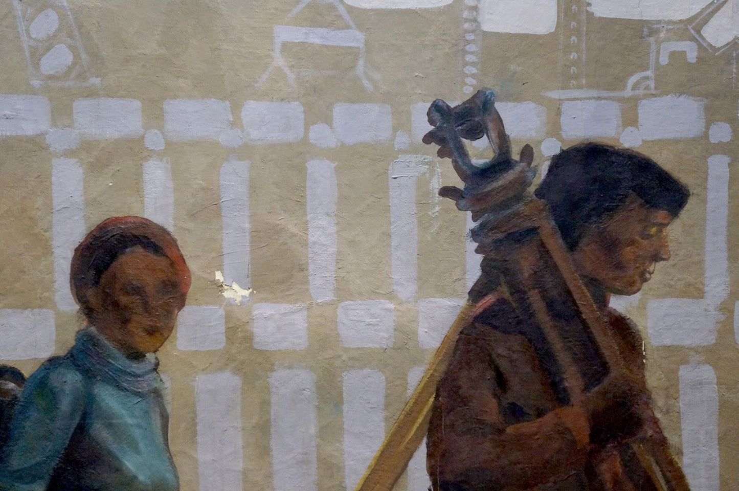 Oil painting by Titarenko Maria Anatolyevna: figure carries wooden instrument at construction site