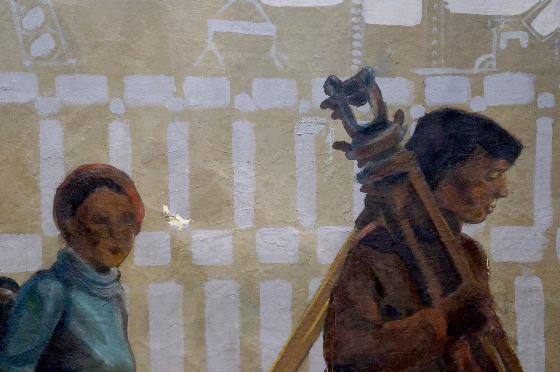 Oil painting by Titarenko Maria Anatolyevna: figure carries wooden instrument at construction site