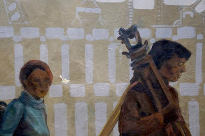 Oil painting by Titarenko Maria Anatolyevna: figure carries wooden instrument at construction site