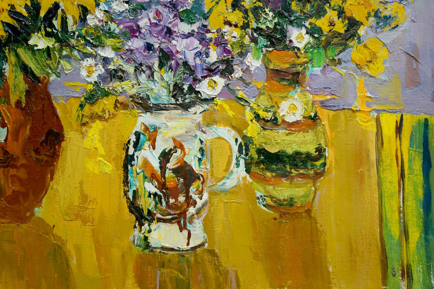 White ceramic mug with colorful horses and riders oil painting design