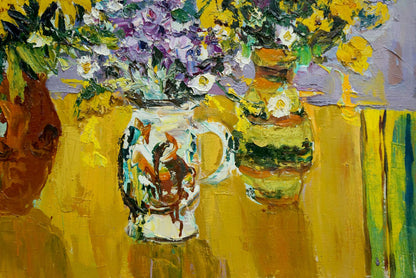 White ceramic mug with colorful horses and riders oil painting design