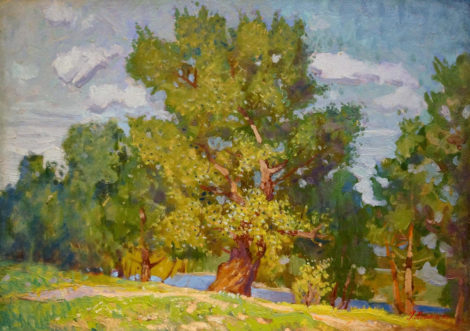 Vibrant impressionistic oil painting of lush green tree by Miroshnichenko Ivan Vasilievich