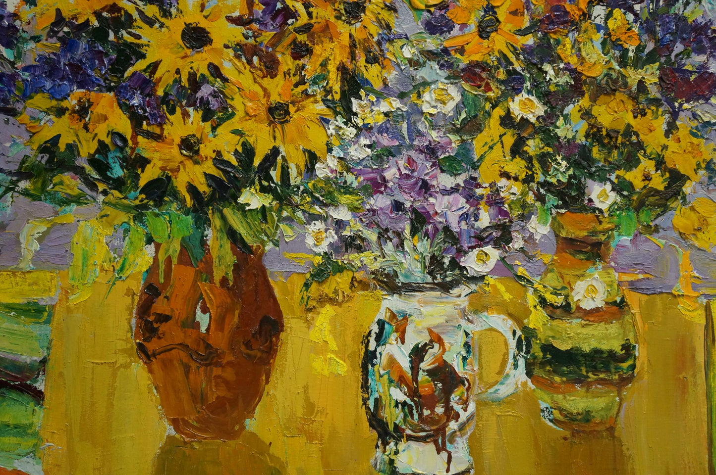 Oil painting of vibrant sunflowers, daisies, lilacs by Mandrikova - Donchik Nadezhda Alekseevna in rustic brown ceramic vase