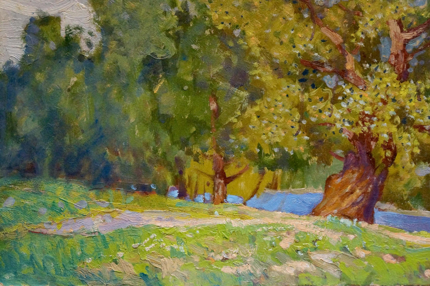 Vibrant impressionist oil painting by Miroshnichenko Ivan Vasilievich, sunlit forest landscape
