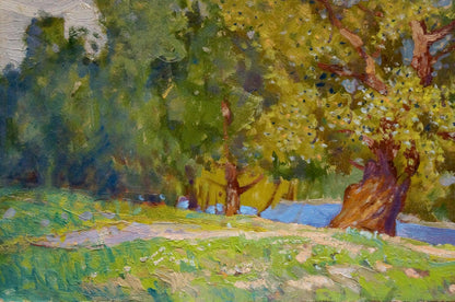 Vibrant impressionist oil painting by Miroshnichenko Ivan Vasilievich, sunlit forest landscape