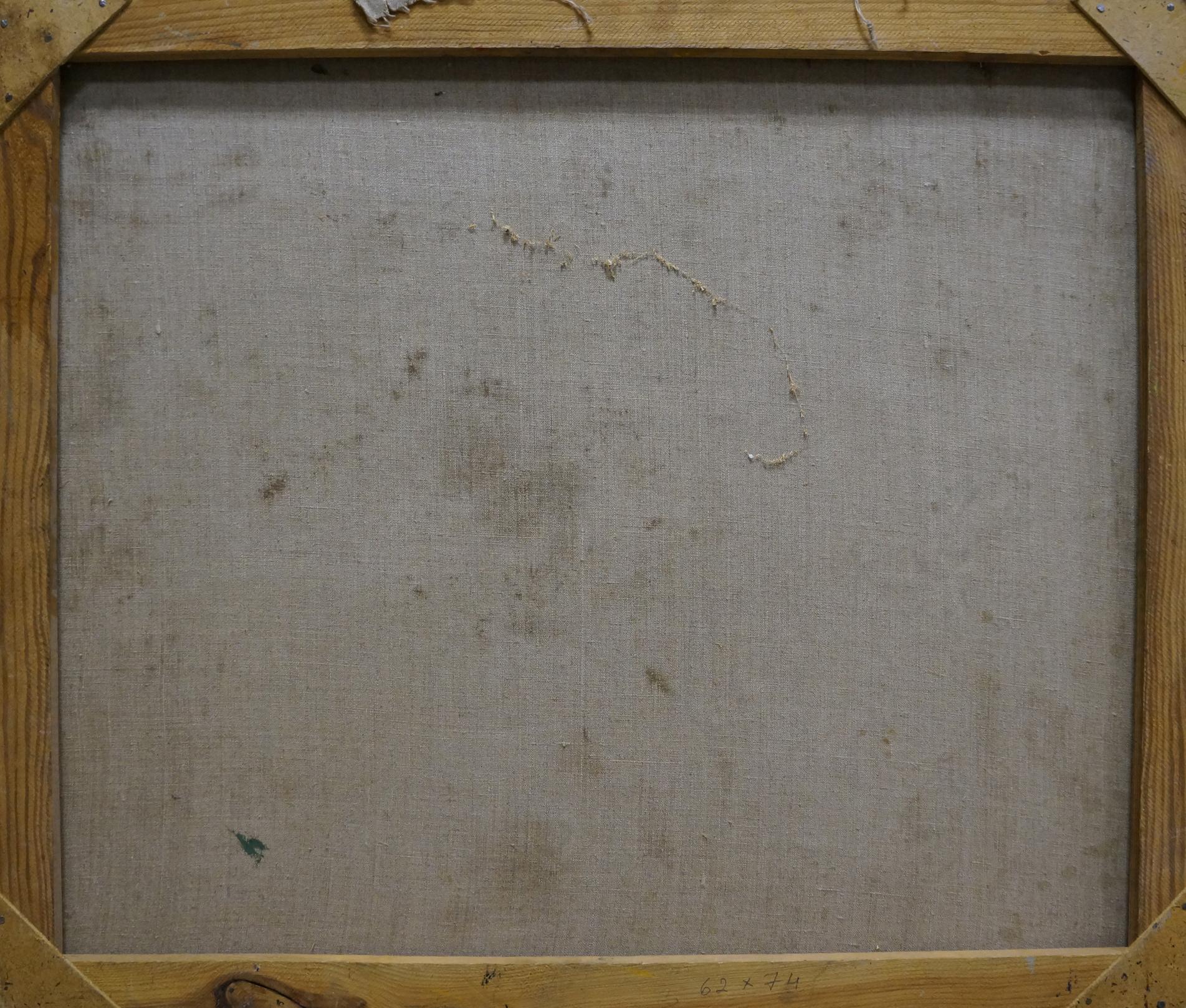 Back of framed Oil painting Daisies and lilacs Mandrikova canvas