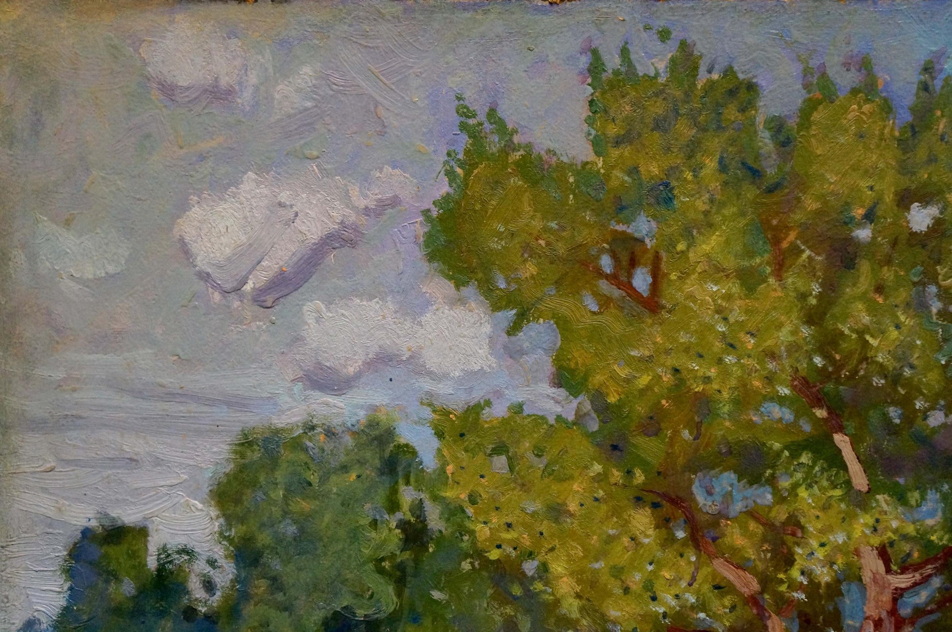 Oil painting landscape by Miroshnichenko Ivan Vasilievich: vibrant green foliage and cloudy sky