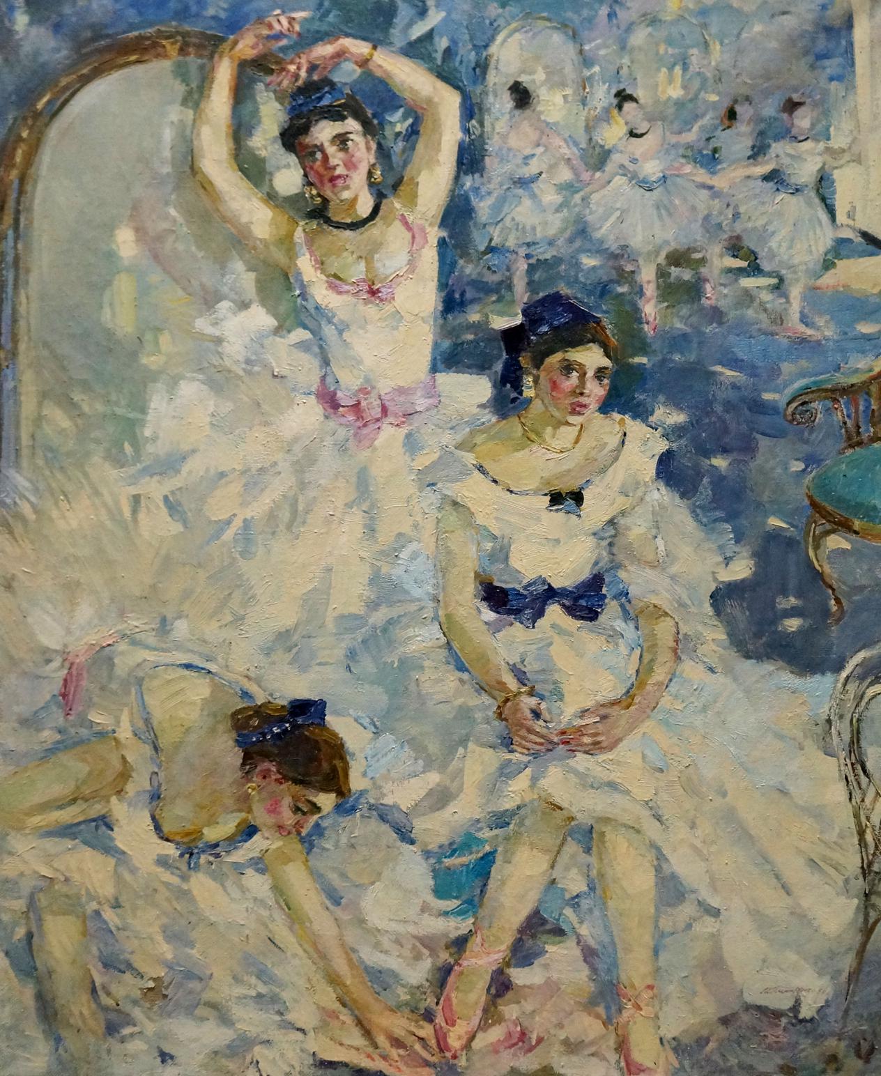 Vibrant oil painting of ballerinas in white tutus by Titarenko Maria Anatolyevna