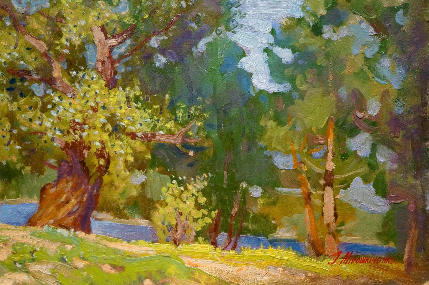 Vibrant impressionist oil painting by Miroshnichenko Ivan Vasilievich: sunlit forest landscape
