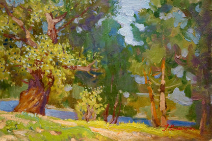 Vibrant impressionist oil painting by Miroshnichenko Ivan Vasilievich: sunlit forest landscape