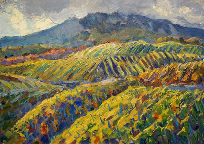 Vibrant impressionist oil painting of vineyard hills by Migulko Viktor Vasilievich