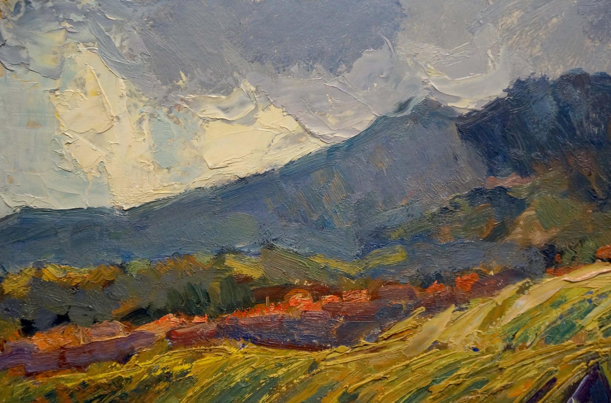Impressionistic oil painting by Migulko Viktor Vasilievich, field landscape in blues, grays, yellows