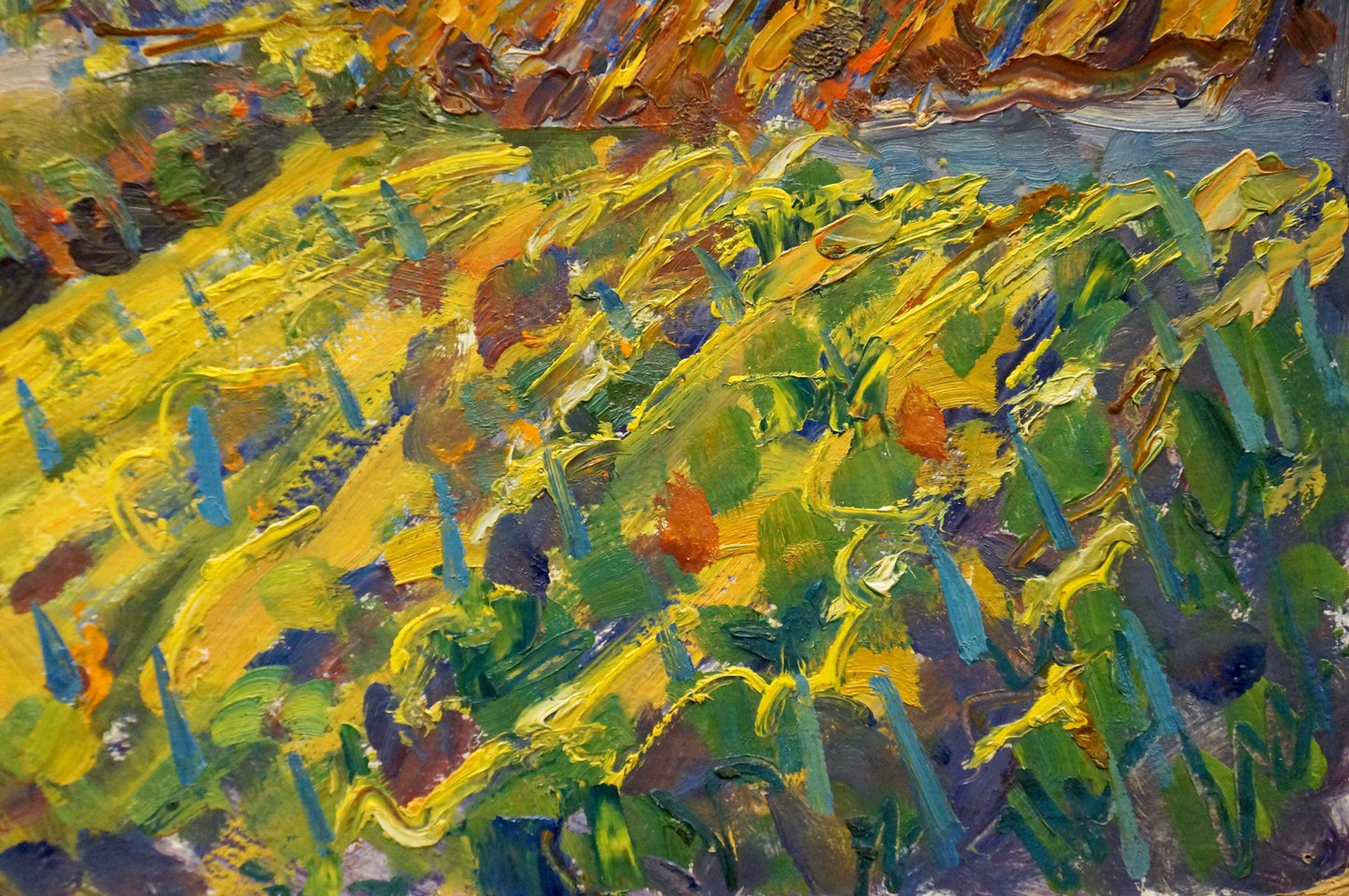 Vibrant oil painting of sunlit field landscape by Migulko Viktor Vasilievich