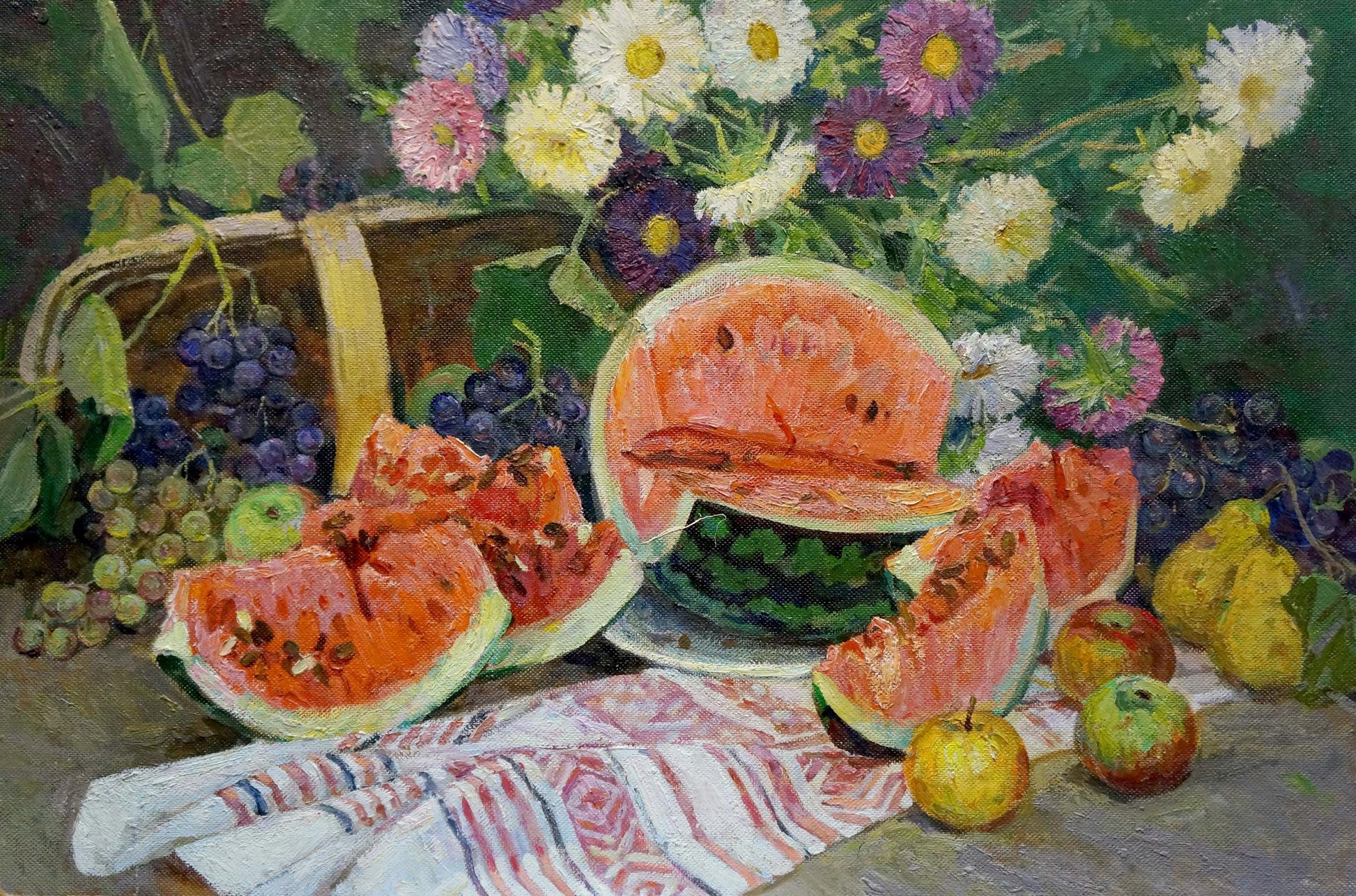 Oil painting of vibrant sliced watermelon still life