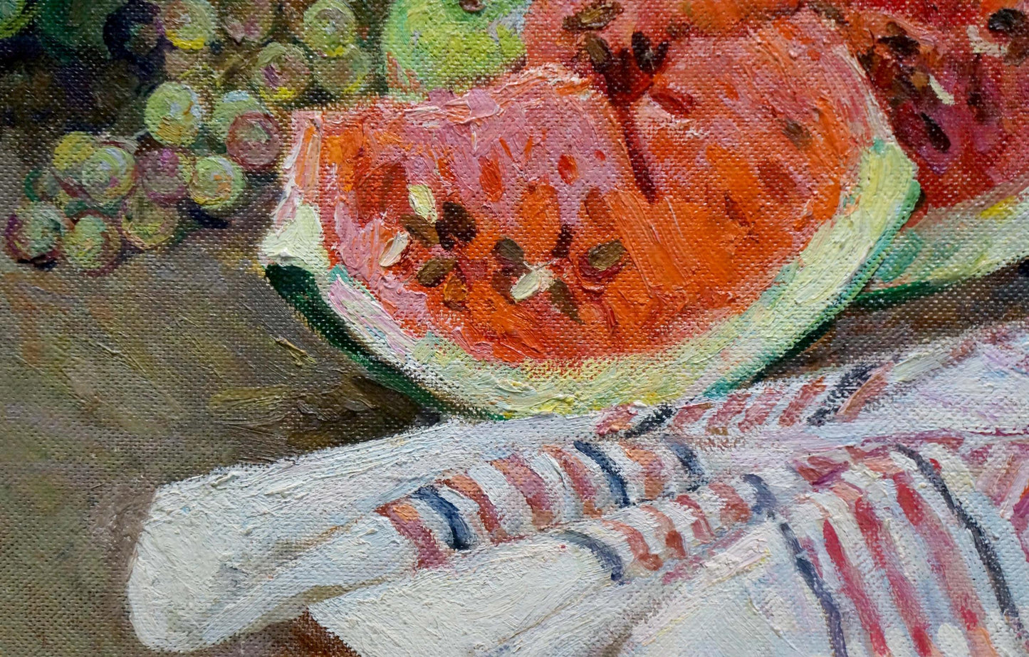 Oil painting of vibrant textured watermelon slice on striped cloth