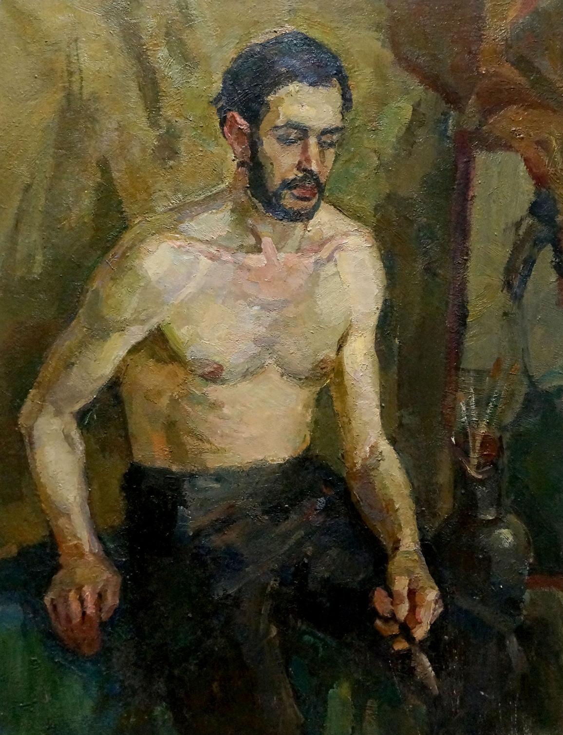 Textured oil painting portrait of shirtless bearded man by Titarenko Daria Anatolyevna