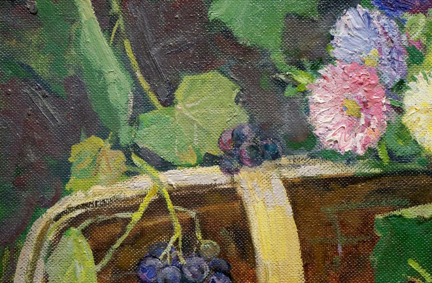 Oil painting of still life with watermelon, grapes and flowers