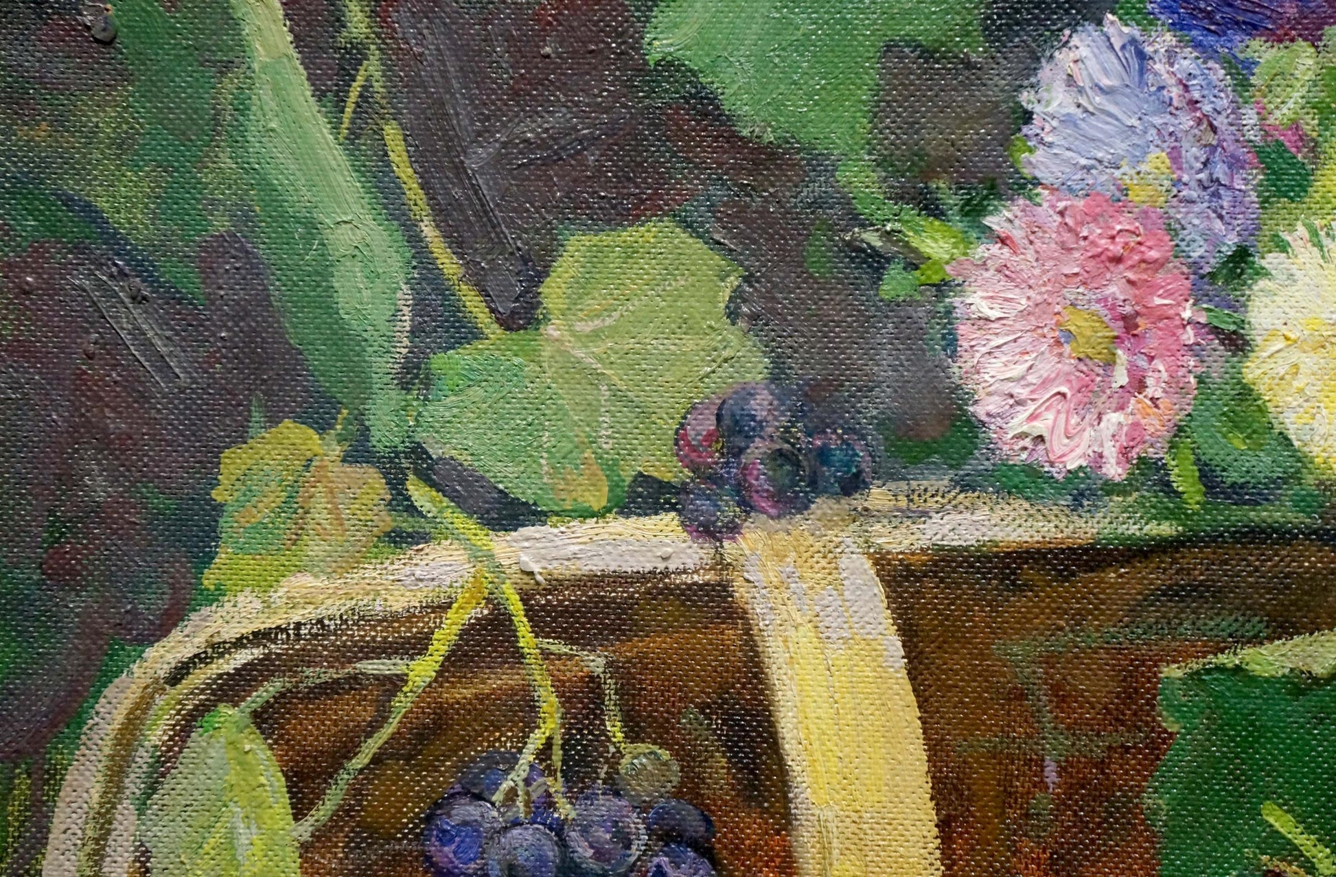 Oil painting of still life with watermelon, grapes and flowers