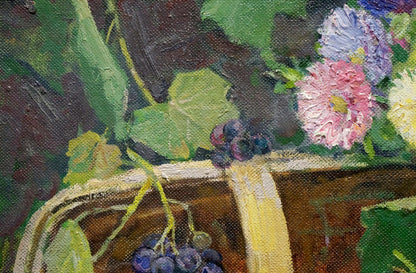Oil painting of still life with watermelon, grapes and flowers