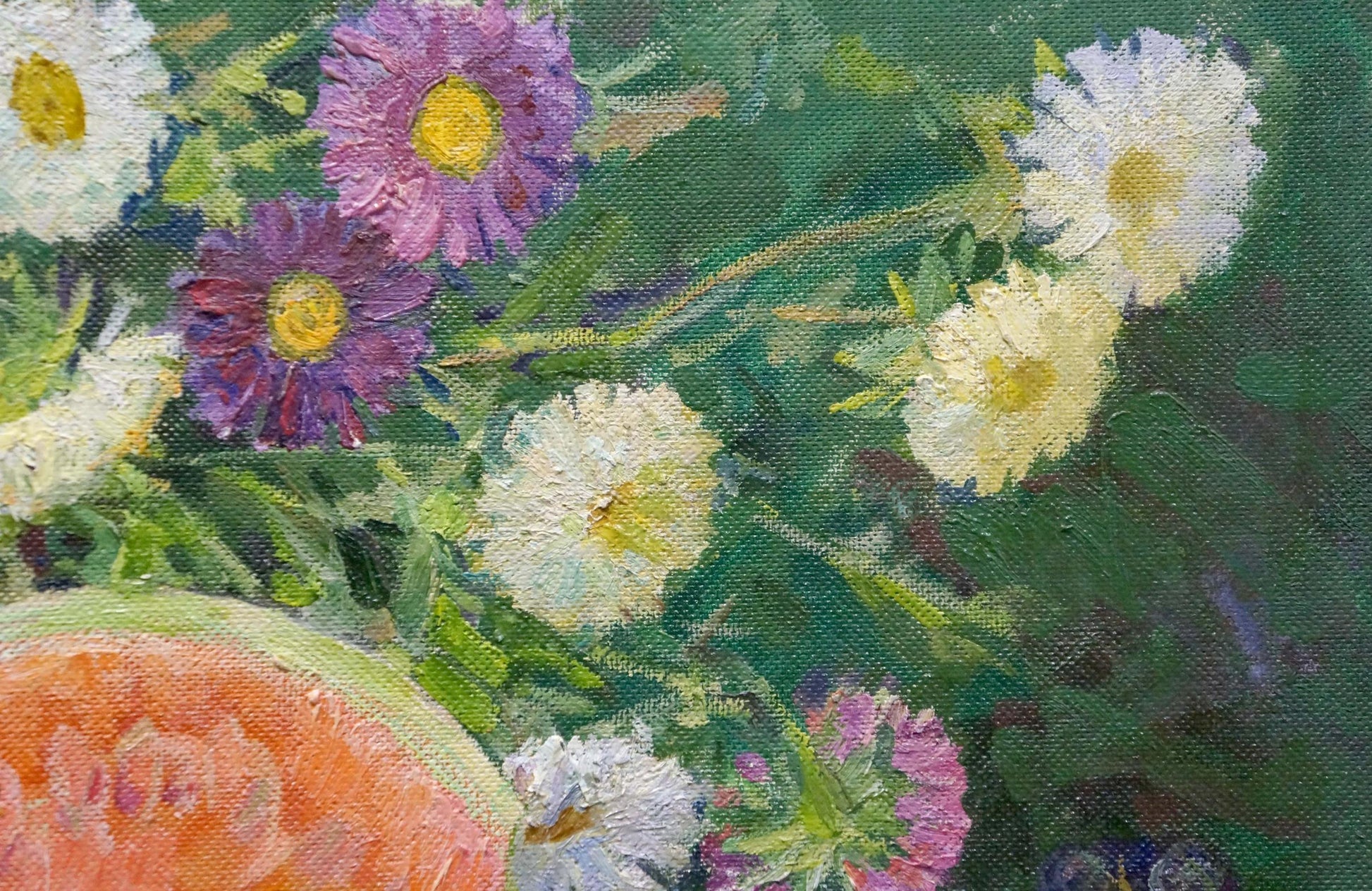 Oil painting of purple white daisies and watermelon still life