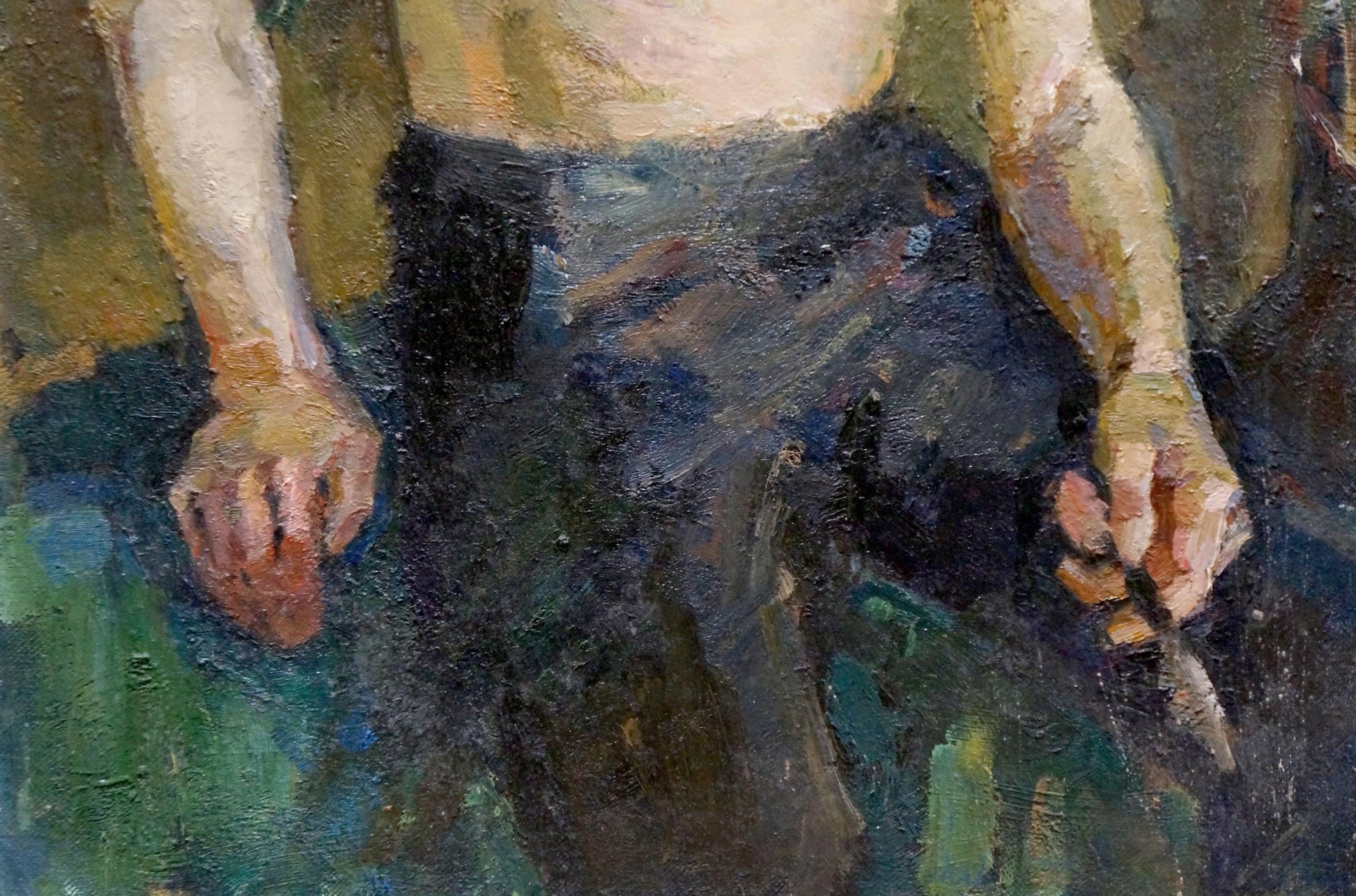 Textured dark blue oil painting of mans lower torso and hands by Titarenko Daria Anatolyevna