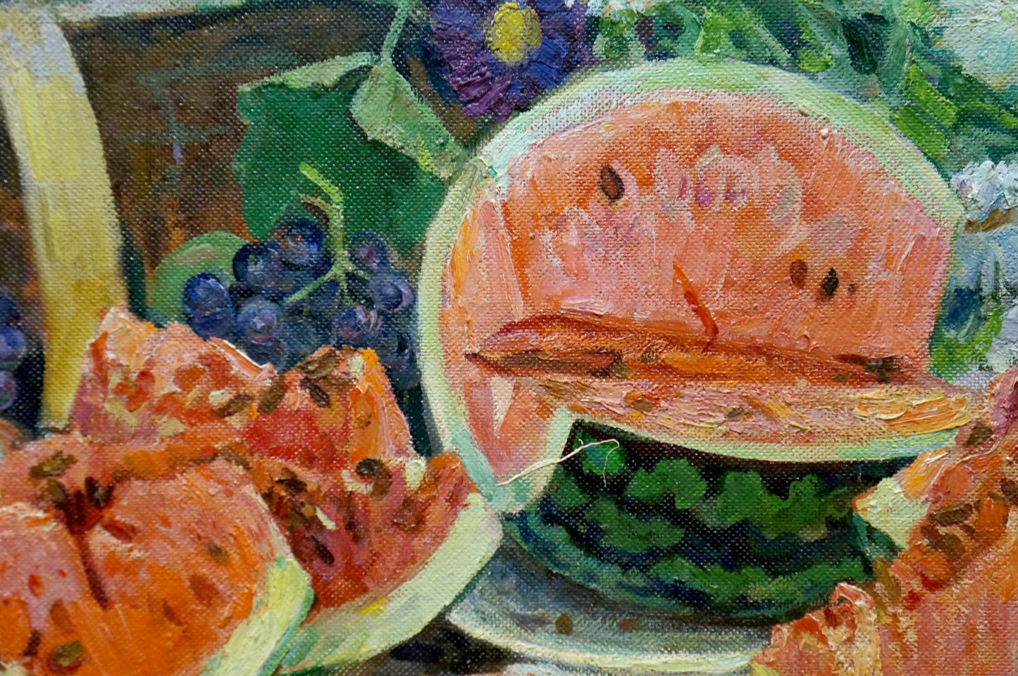 Oil painting of vibrant half-eaten watermelon still life