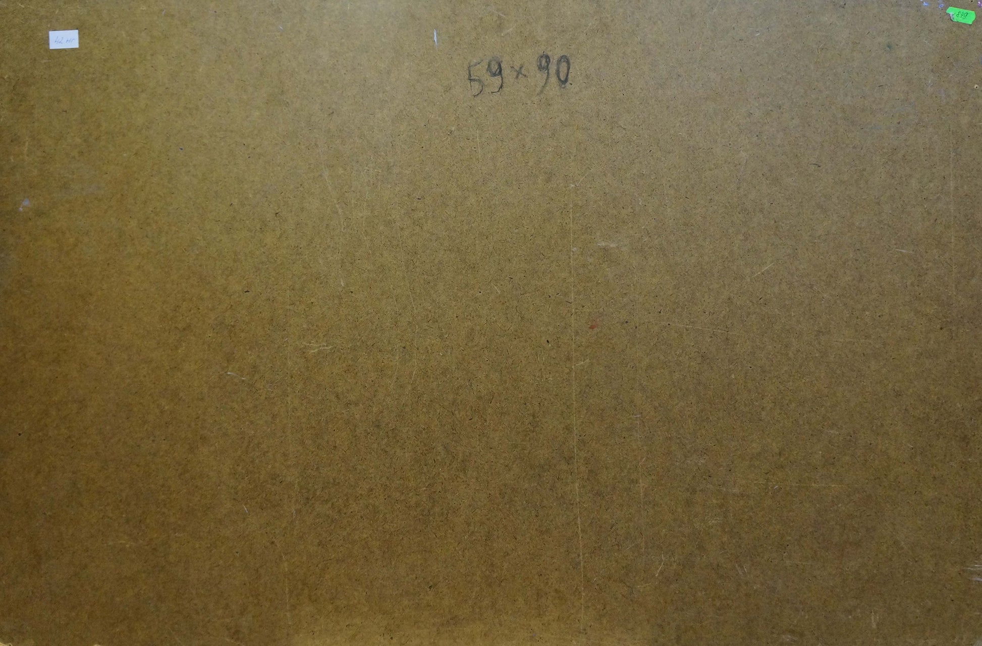 Back of Oil painting Still life with watermelon on brown particle board 59x90