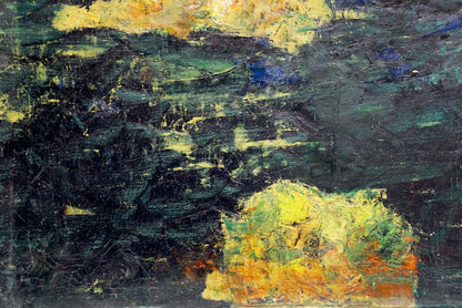 Abstract oil painting Cliffs in the sea Veber with bold green, black, yellow-orange strokes