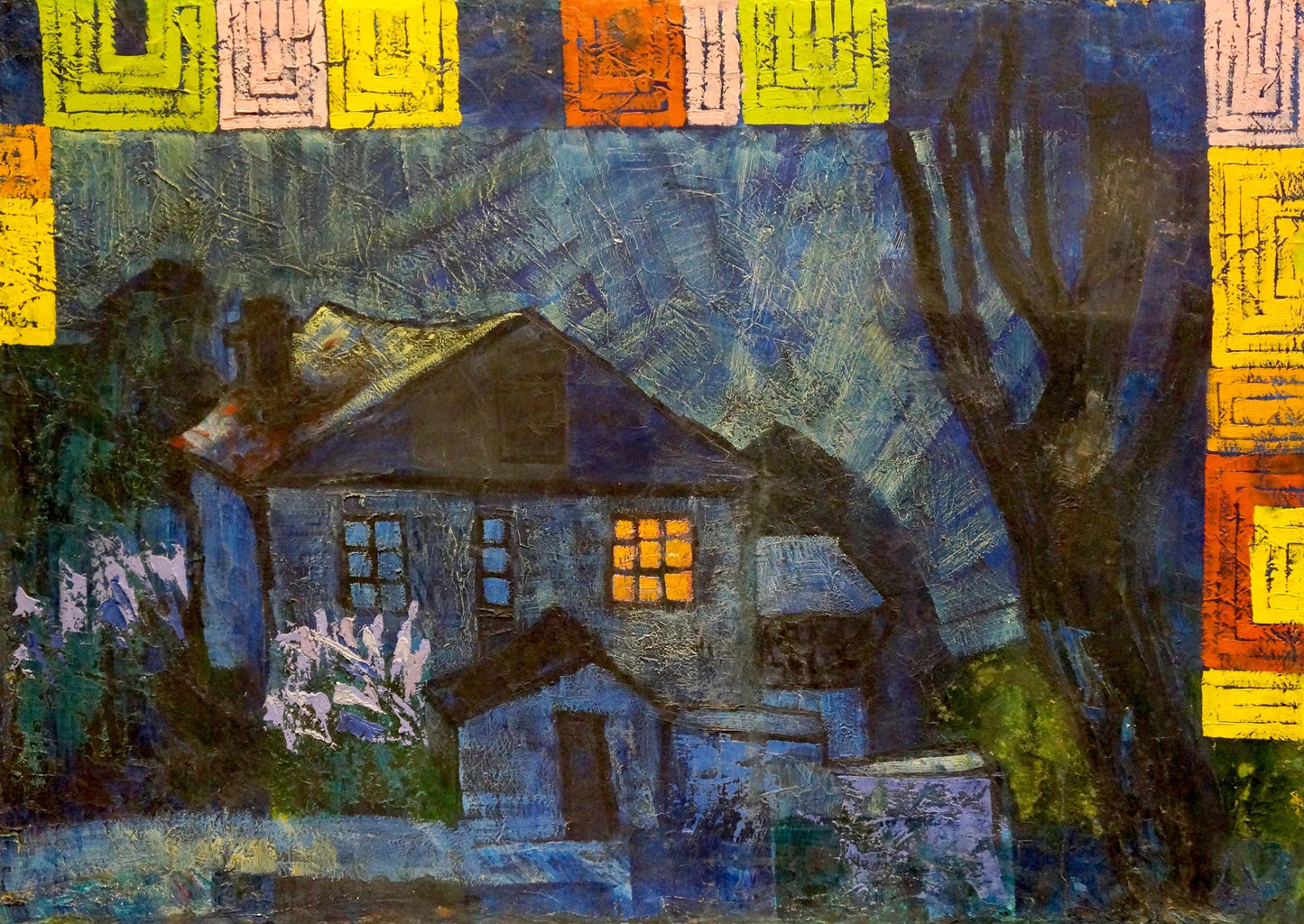 Stylized blue house with glowing orange window in oil painting night landscape