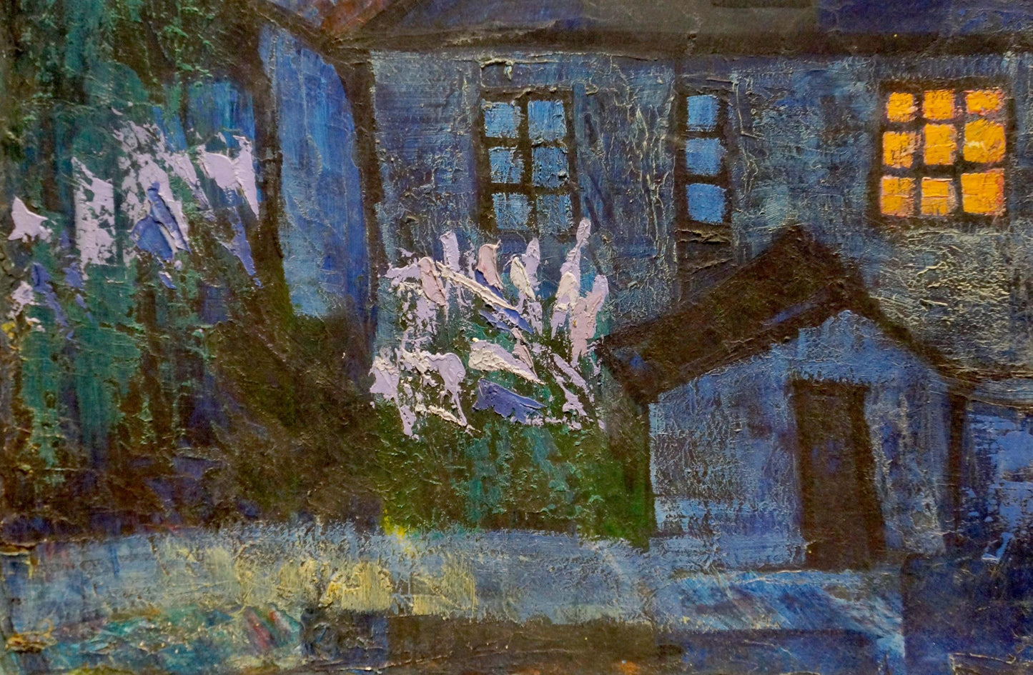 Oil painting night landscape: textured blue house with glowing yellow window, white flowering bushes