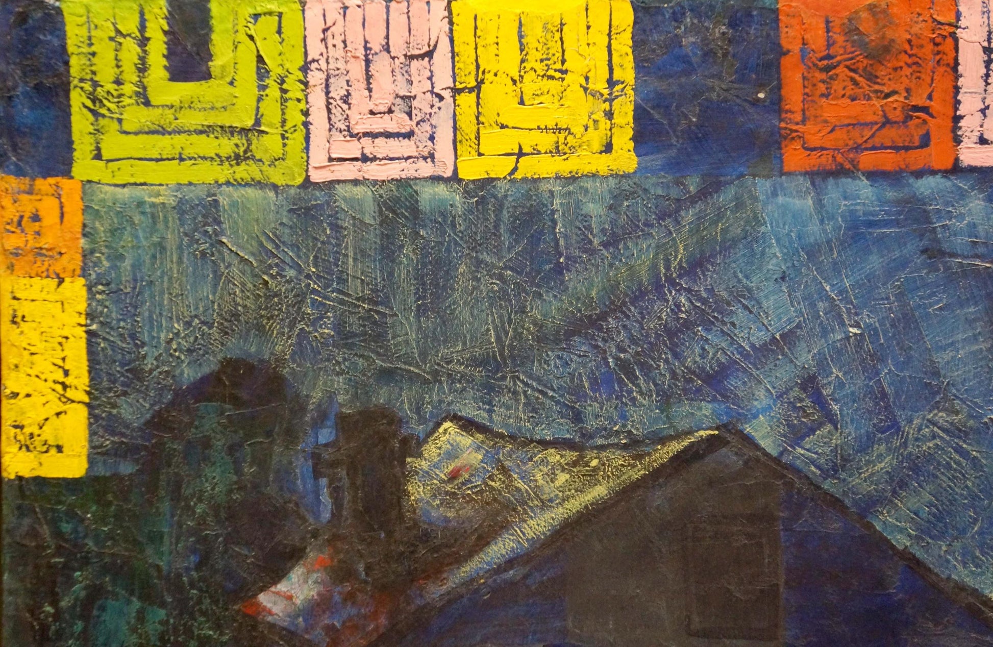 Oil painting Night landscape with bold yellow, pink, orange blocks on blue
