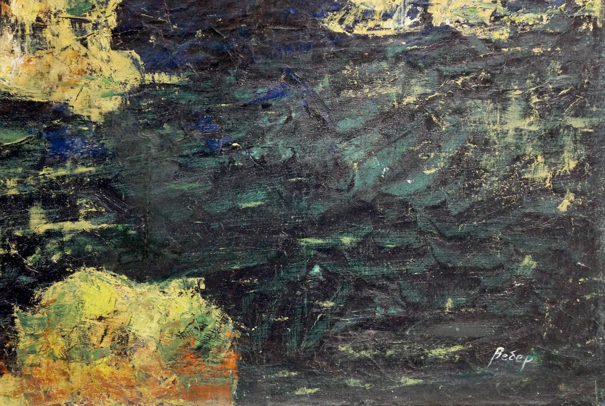 Abstract Cliffs in the Sea Veber oil painting with textured green black strokes